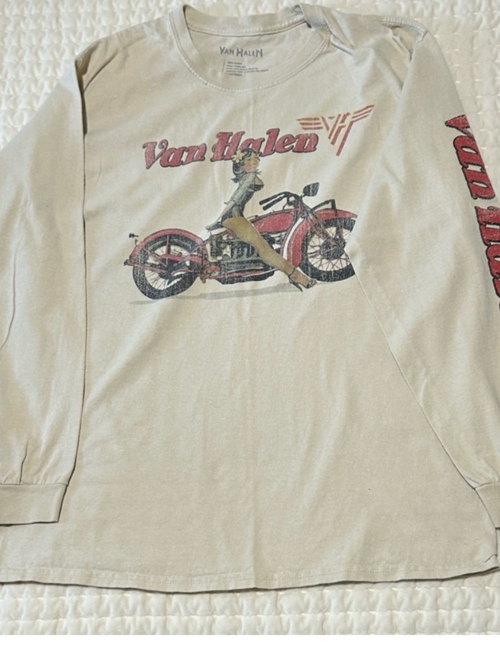 Van Halen Vintage Style Motorcycle Long Sleeve Tee - Cream with Red Arm Graphic